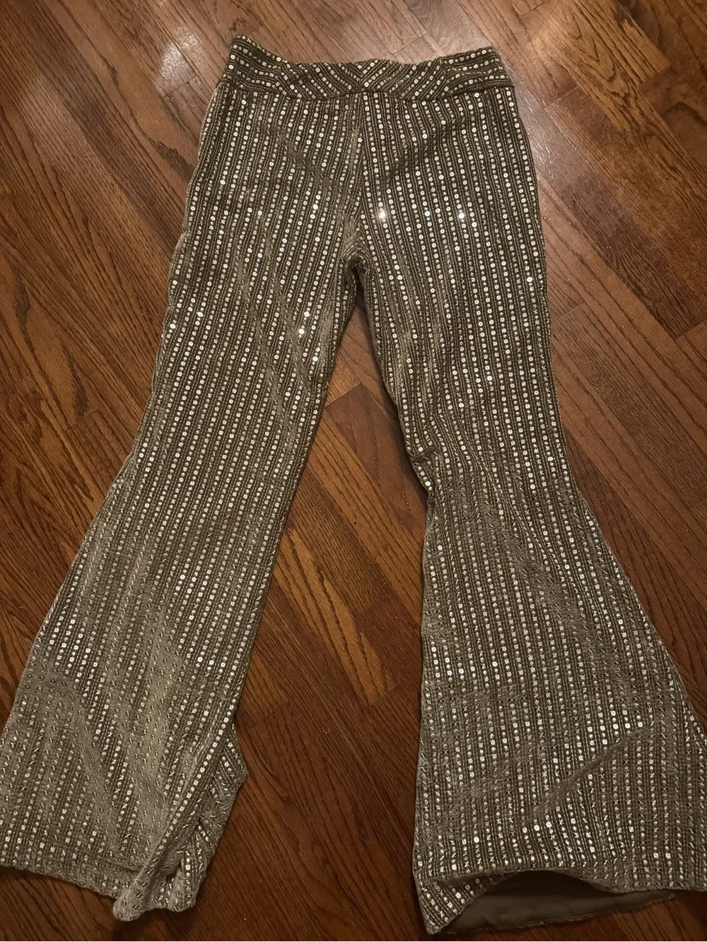 NWOT Free People Start Me Up Velvet Sequin Star Flare Pants – Mosstone – Size 6